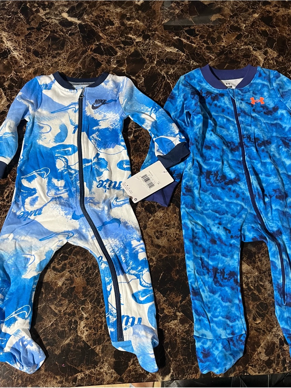 ✔️Nike and Under Armour Baby Footed Onesies, Blue Print Pair